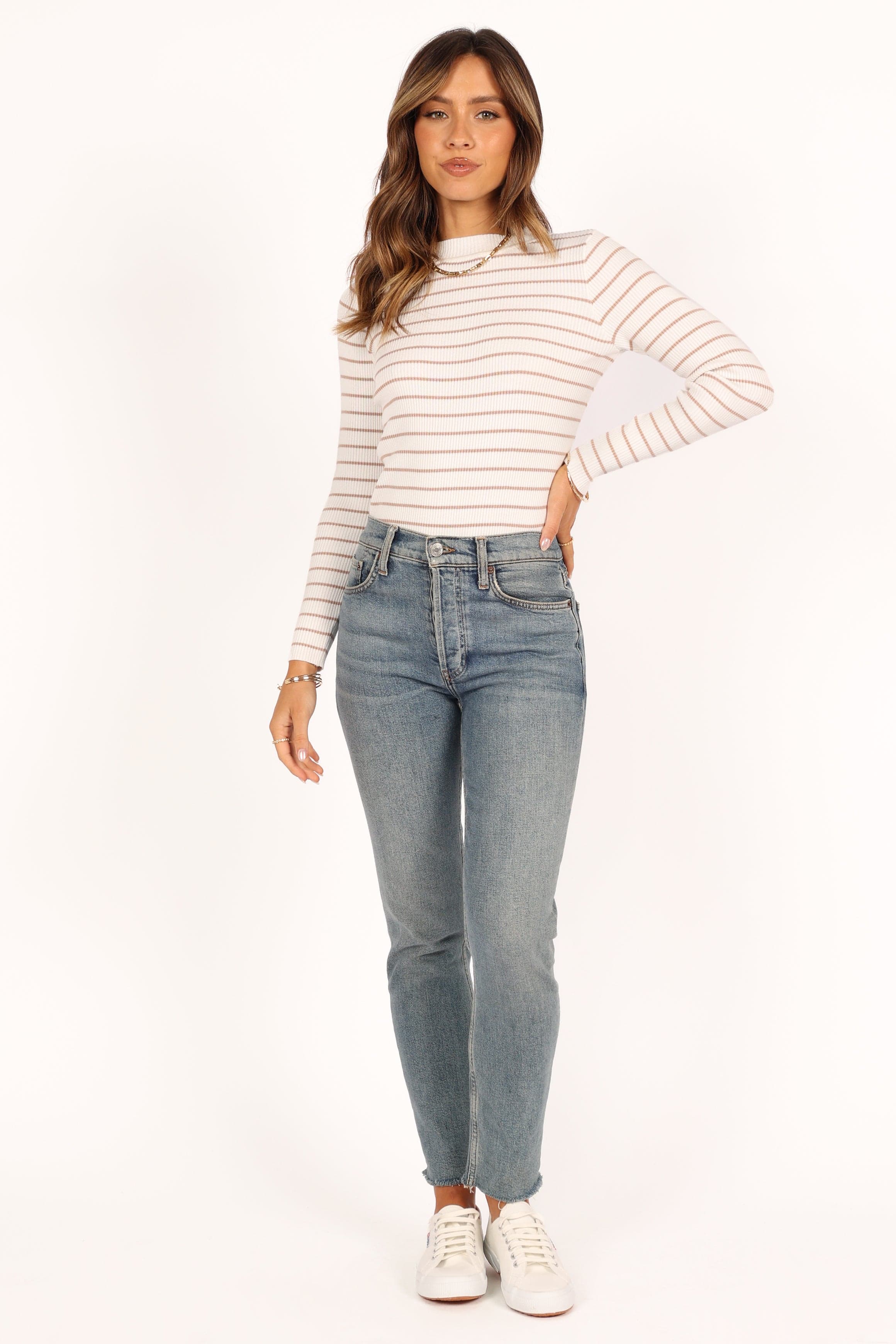 Petal and Pup USA TOPS Stacie Ribbed Knit Top - Beige Stripe