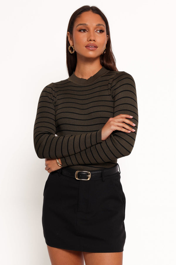 Petal and Pup USA TOPS Stacie Ribbed Knit Top - Olive Stripe