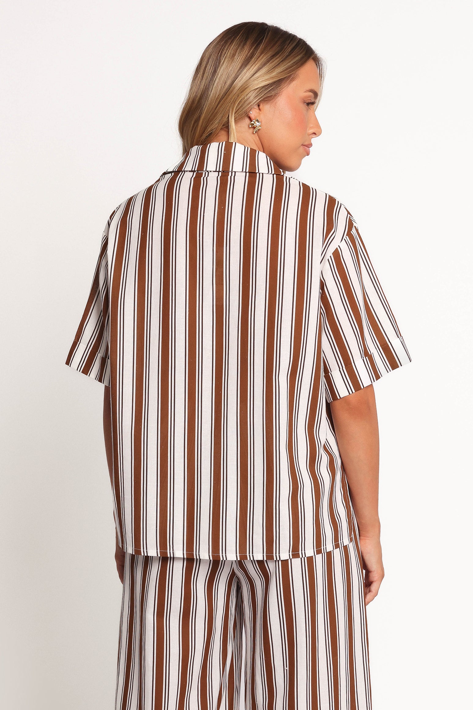 Petal and Pup USA TOPS Thalia Short Sleeve Shirt - Chocolate Stripe (Hold for Amazon)