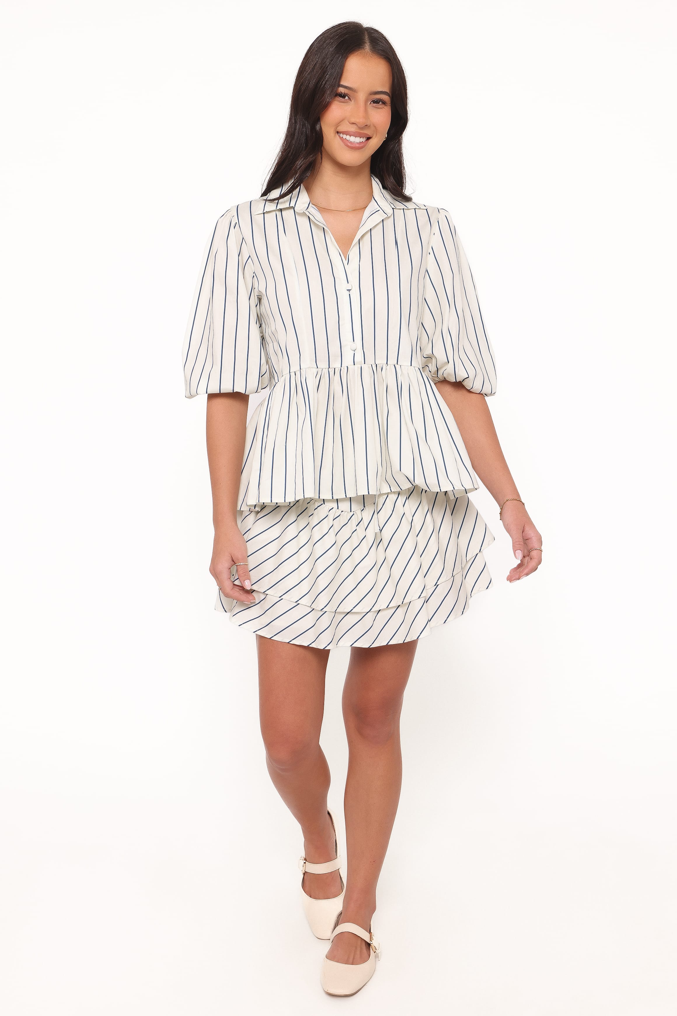 Petal and Pup USA TOPS Thomas Short Sleeve Peplum Top - Yellow/Blue Stripe