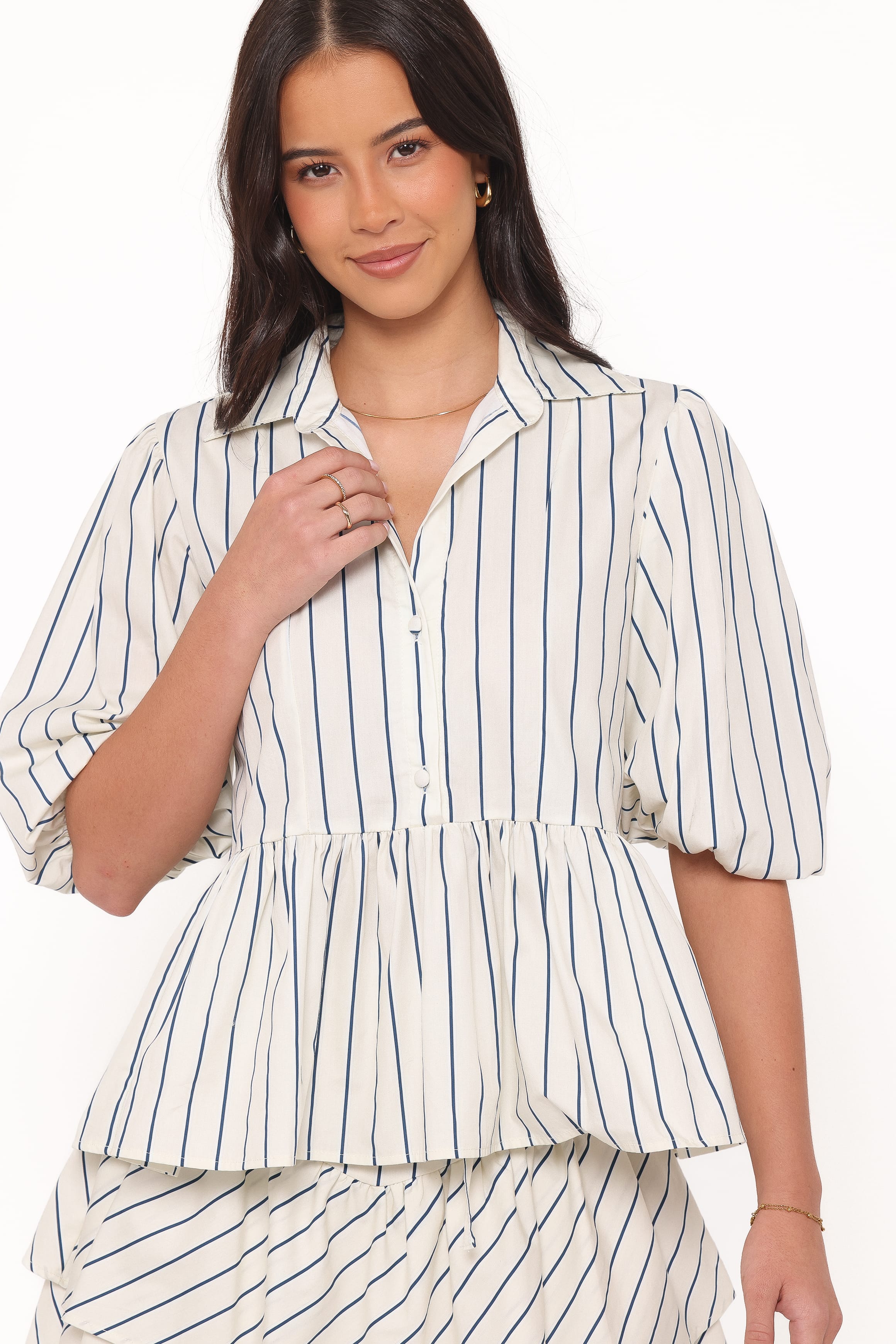 Petal and Pup USA TOPS Thomas Short Sleeve Peplum Top - Yellow/Blue Stripe