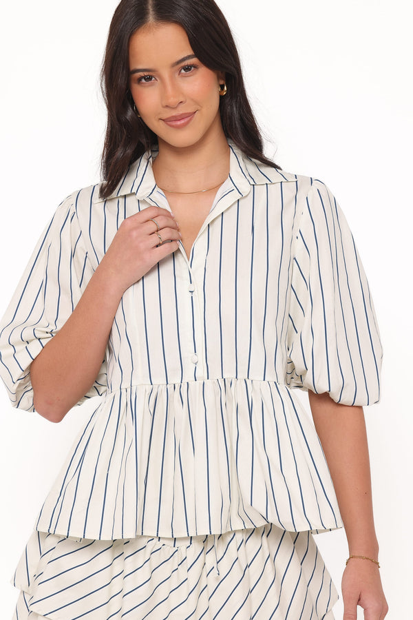 Petal and Pup USA TOPS Thomas Short Sleeve Peplum Top - Yellow/Blue Stripe
