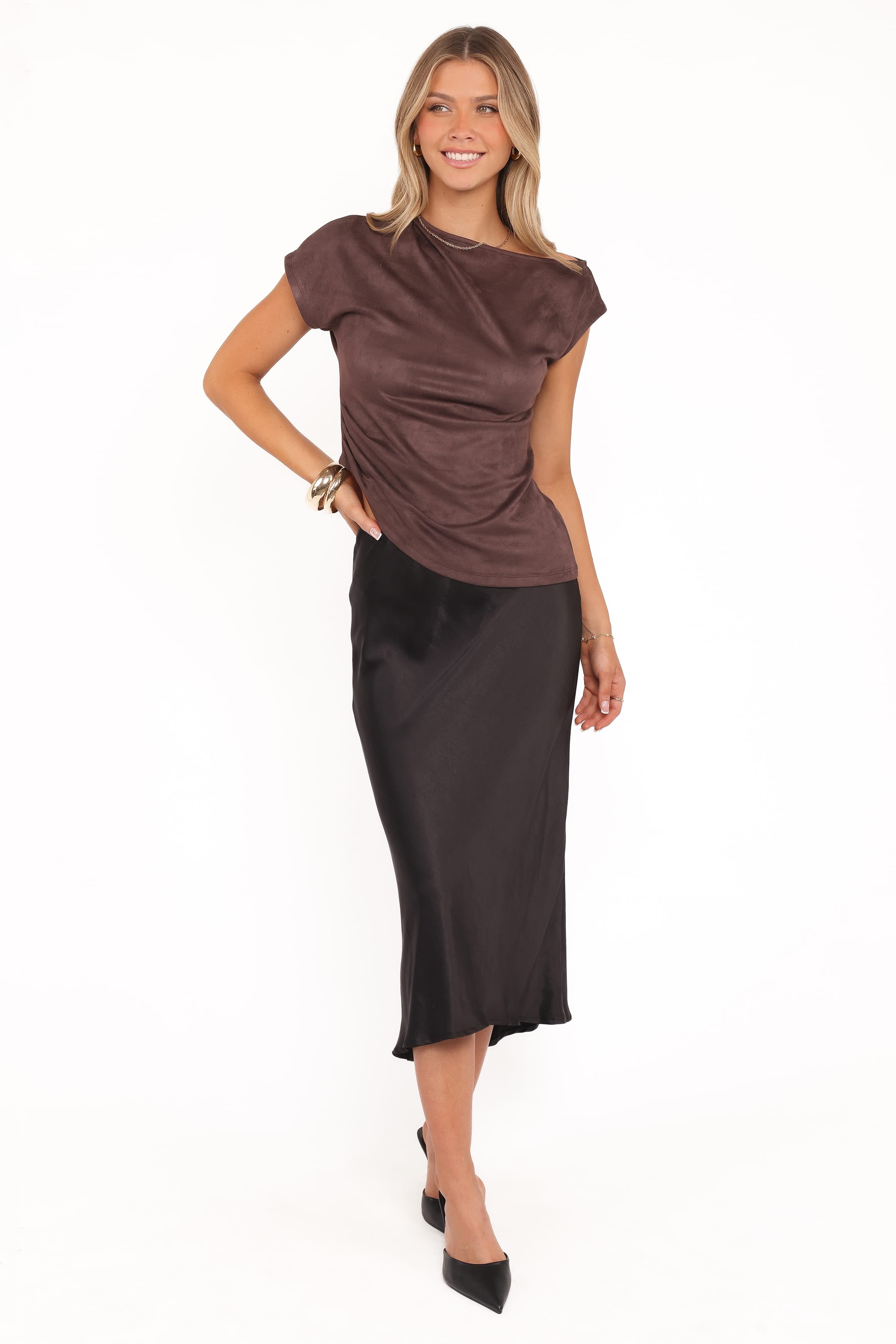 Petal and Pup USA TOPS Vaila Faux Suede Off Shoulder Top - Chocolate
