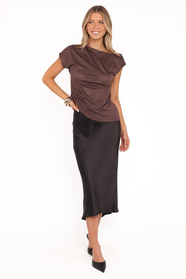 Petal and Pup USA TOPS Vaila Faux Suede Off Shoulder Top - Chocolate