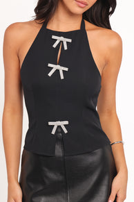 Petal and Pup USA TOPS Velma Halter Neck Top With Embellished Bows - Black