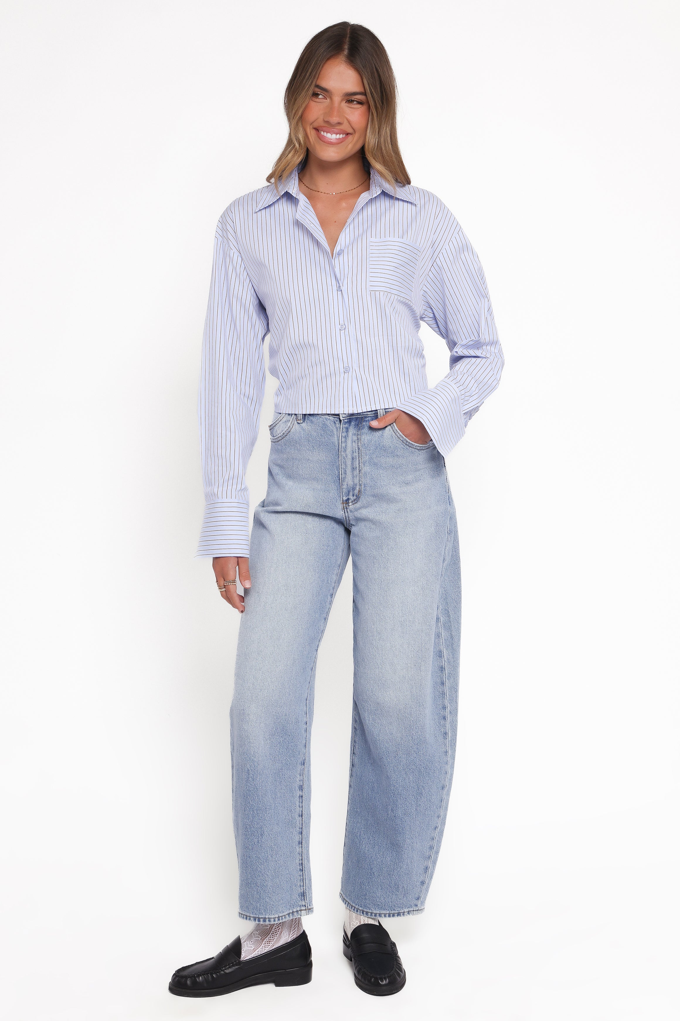 Petal and Pup USA TOPS Vienne Tie Back Button Up Shirt - Blue/Brown Stripe