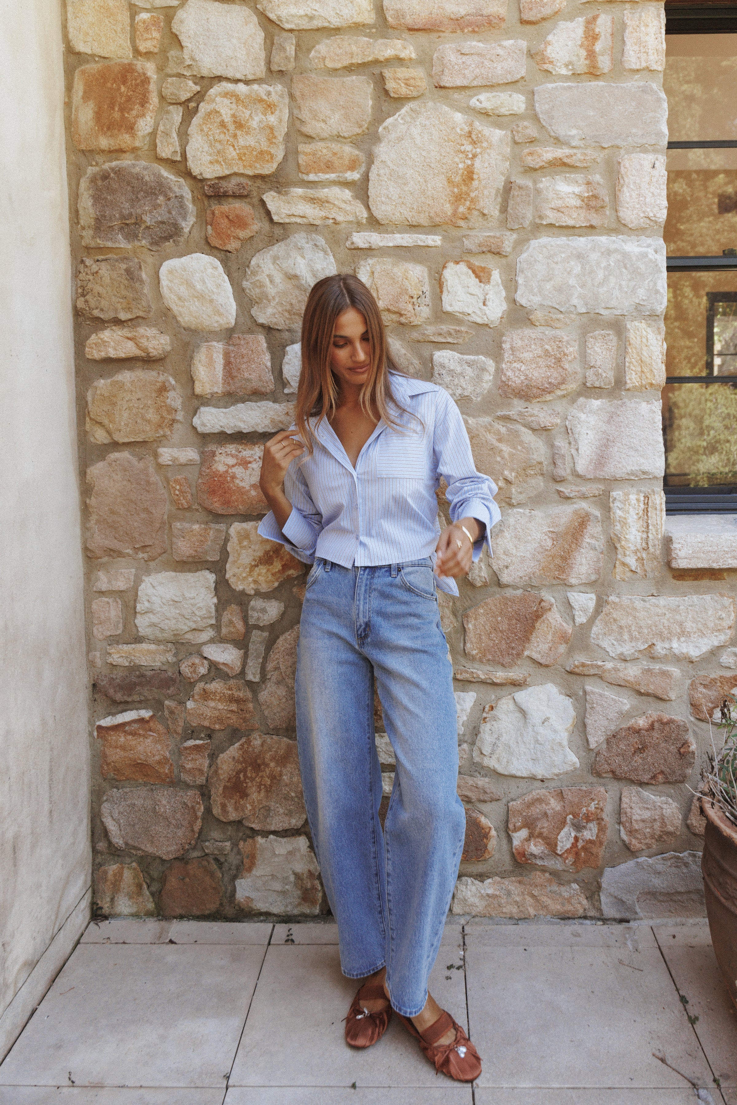 Petal and Pup USA TOPS Vienne Tie Back Button Up Shirt - Blue/Brown Stripe