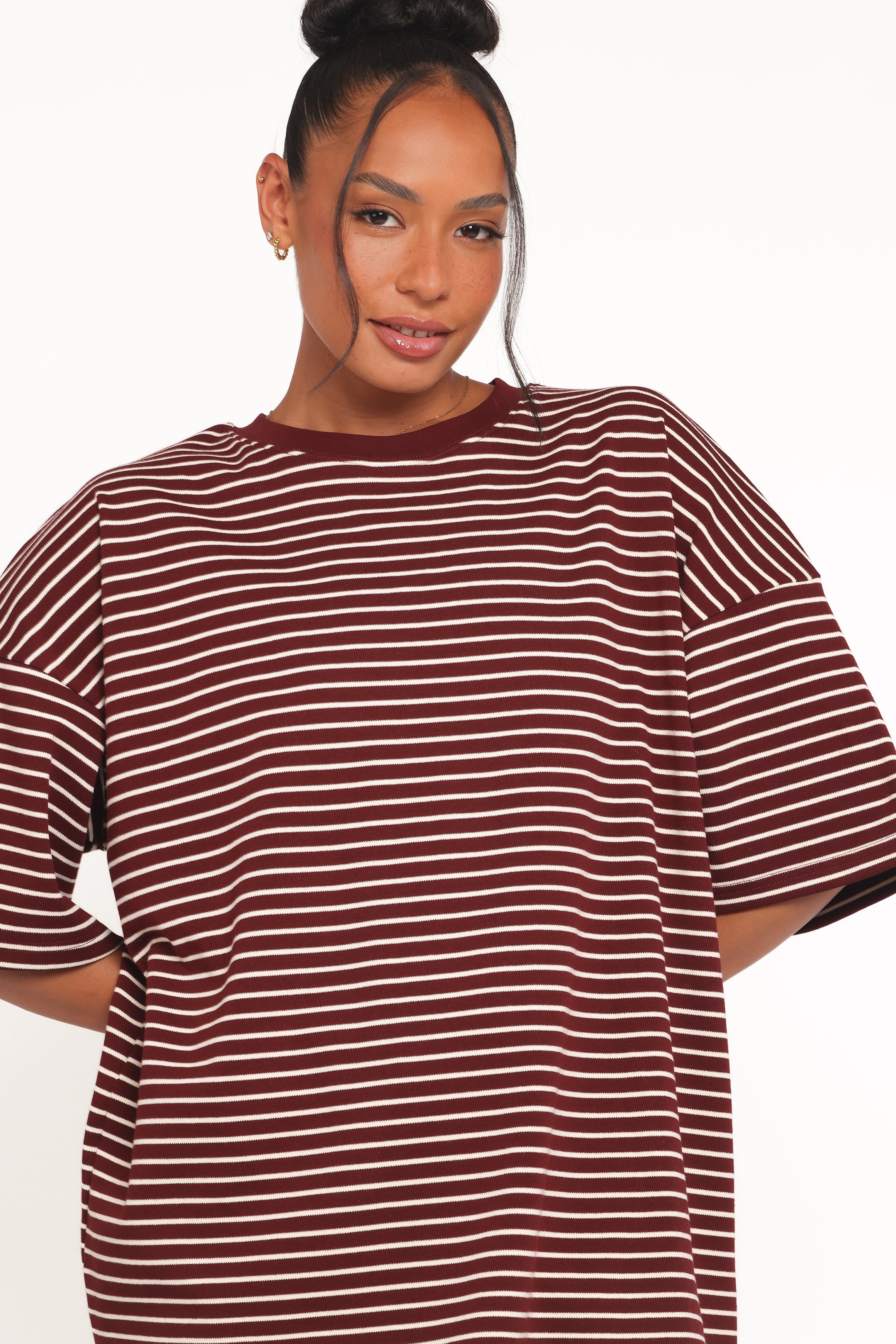 Petal and Pup USA TOPS Wilda Oversized Tee - Burgundy Cream Stripe
