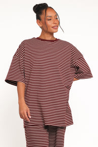 Petal and Pup USA TOPS Wilda Oversized Tee - Burgundy Cream Stripe