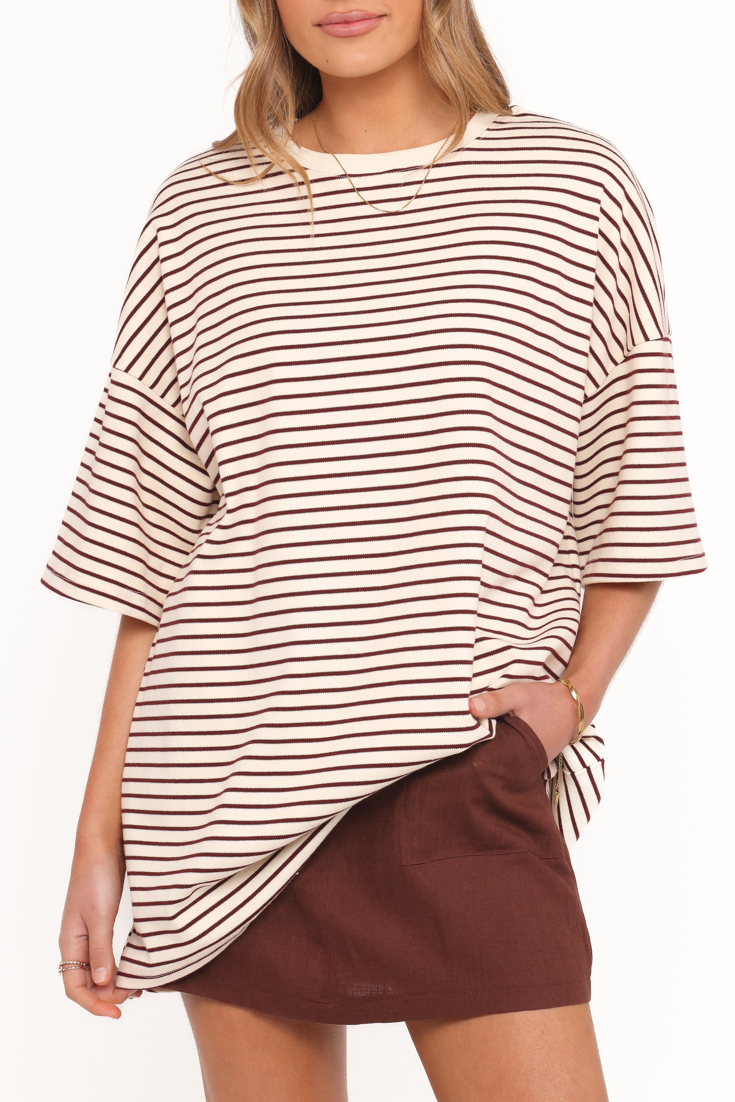 Petal and Pup USA TOPS Wilda Oversized Tee - Cream Tan Stripe