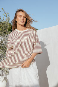 Petal and Pup USA TOPS Wilda Oversized Tee - Cream Tan Stripe