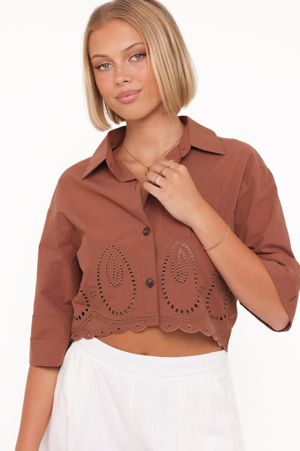 Petal and Pup USA TOPS Williams Cropped Eyelet Button Up Shirt - Brown