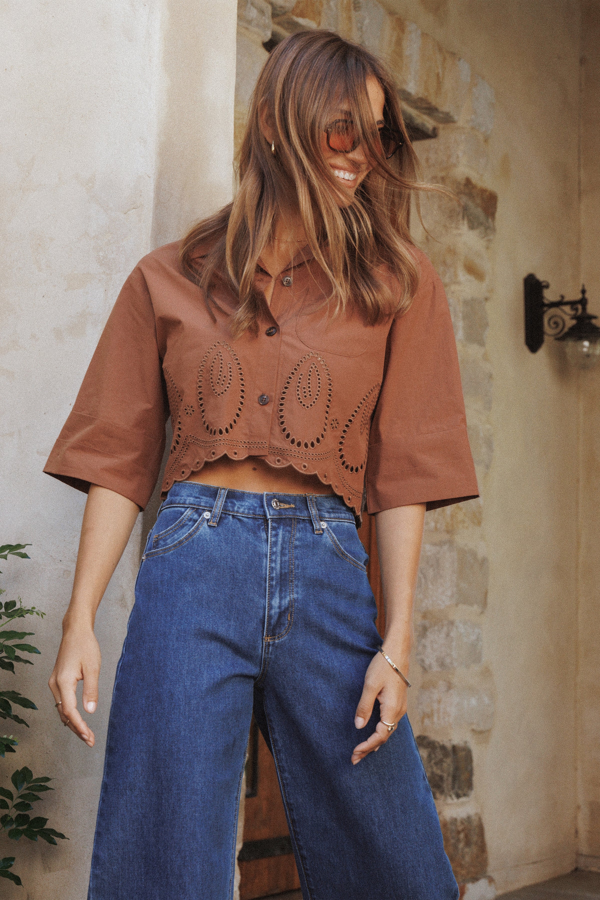 Petal and Pup USA TOPS Williams Cropped Eyelet Button Up Shirt - Brown