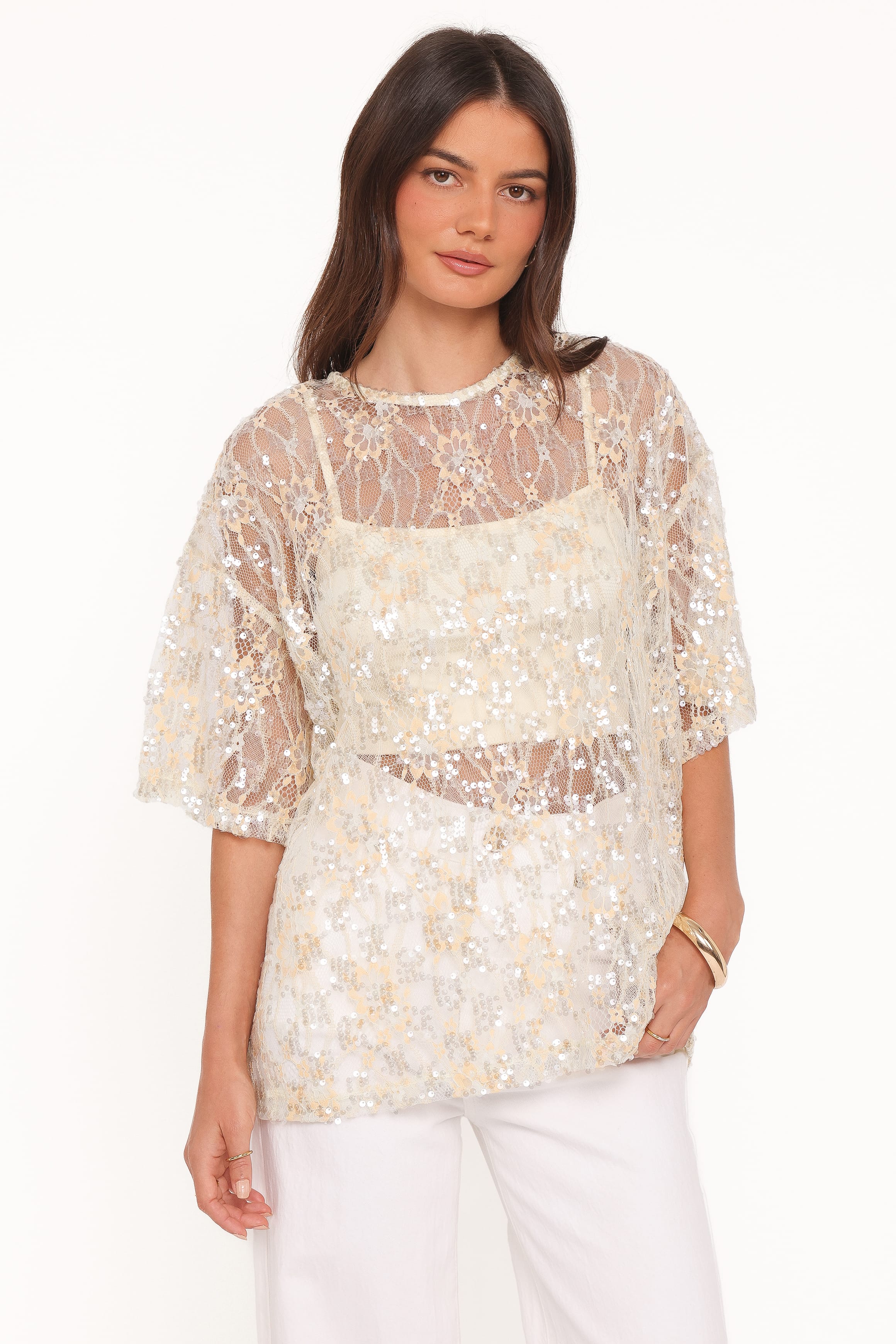 Petal and Pup USA TOPS Yonder Sheer Lace Tee Top - Pale Yellow