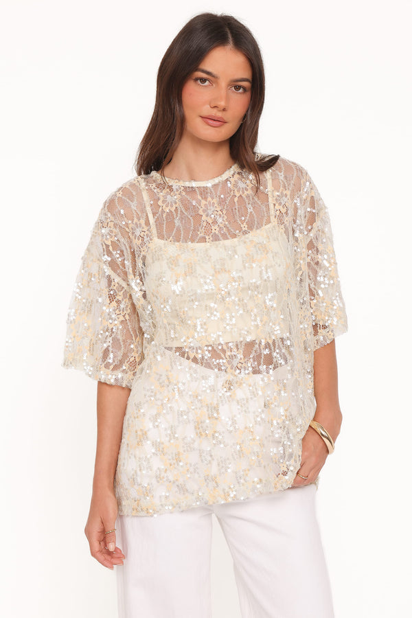 Petal and Pup USA TOPS Yonder Sheer Lace Tee Top - Pale Yellow