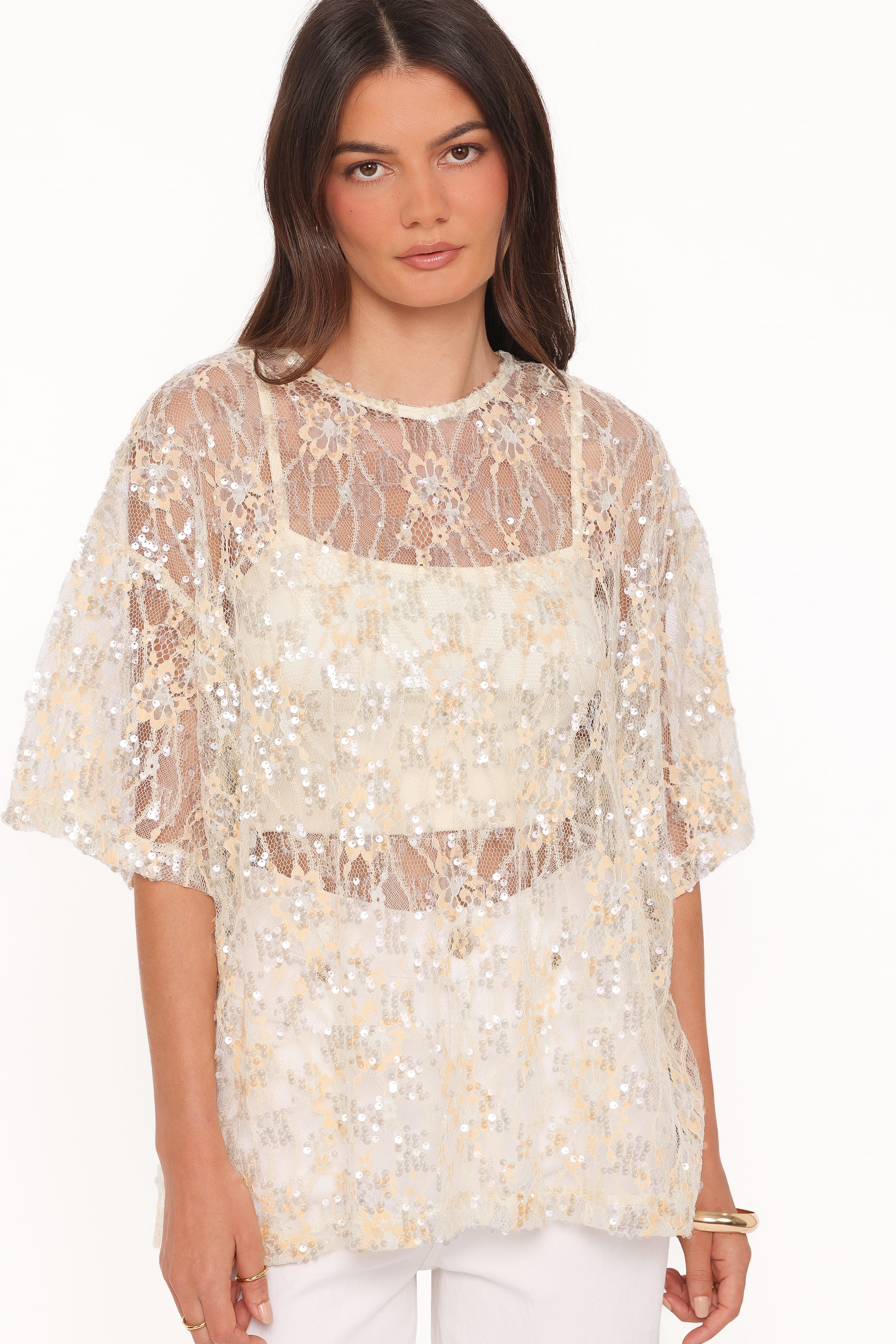 Petal and Pup USA TOPS Yonder Sheer Lace Tee Top - Pale Yellow