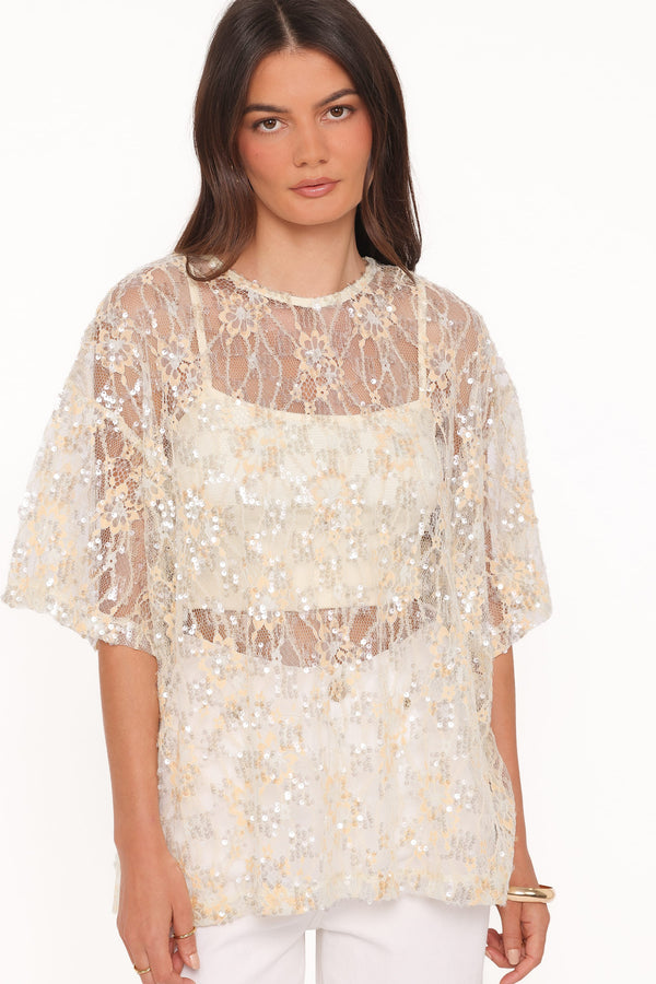 Petal and Pup USA TOPS Yonder Sheer Lace Tee Top - Pale Yellow