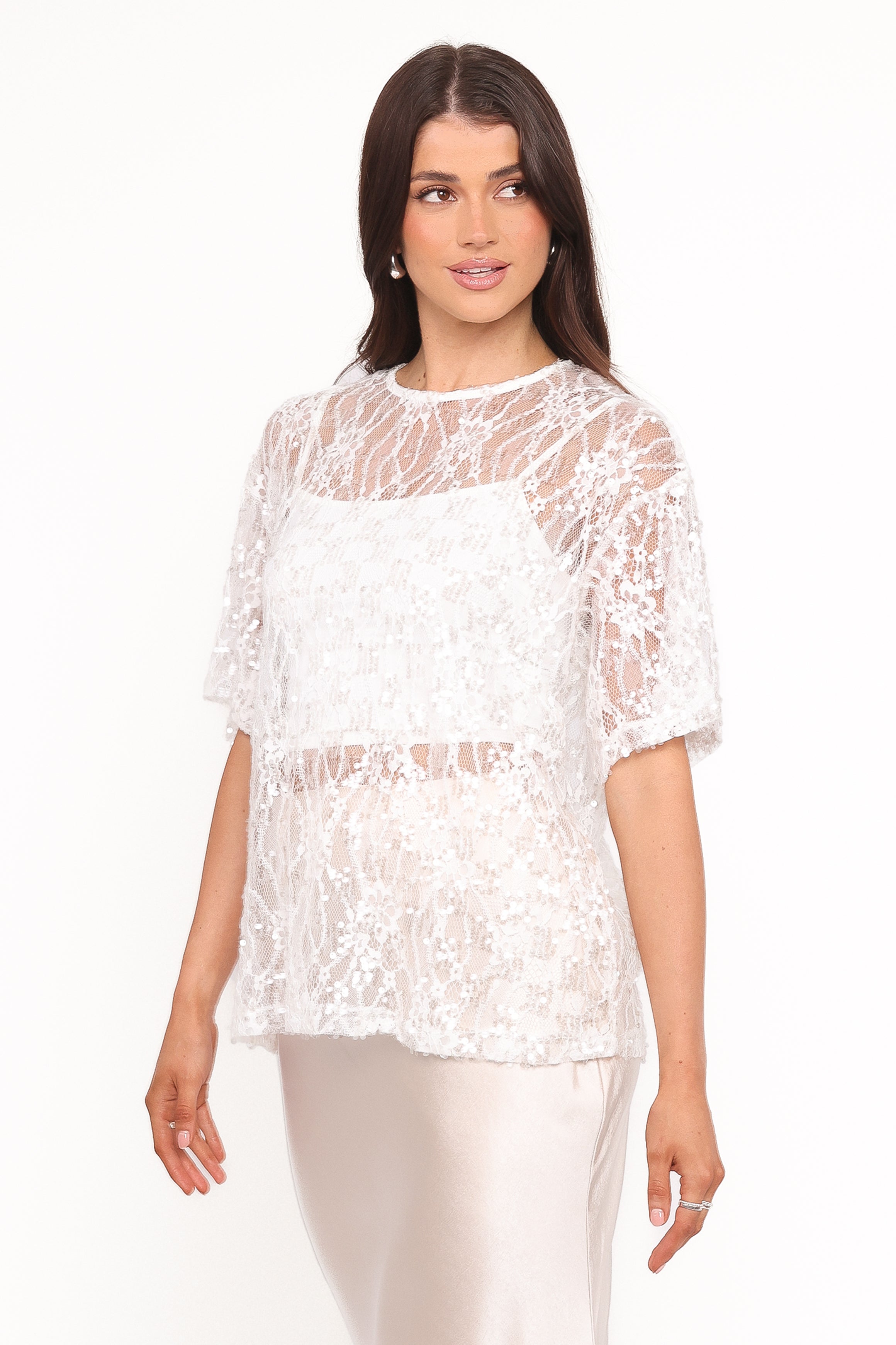 Petal and Pup USA TOPS Yonder Sheer Lace Tee Top - White