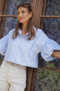 Petal and Pup USA TOPS Zella Puff Sleeve Button Up Shirt - Blue White Stripe