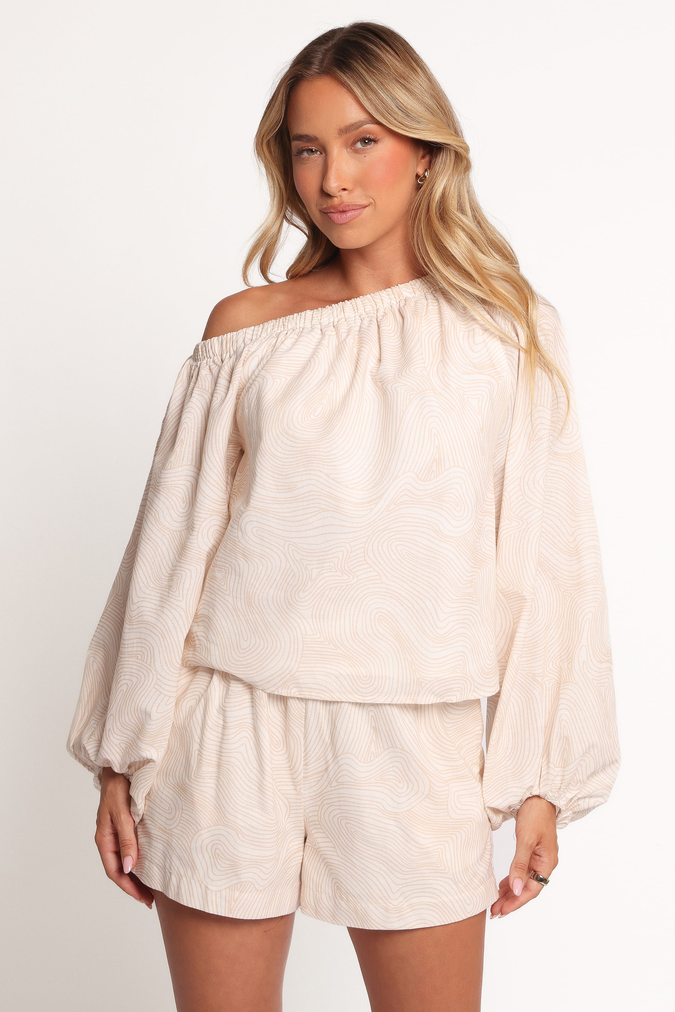 Zion Off Shoulder Long Sleeve Top - Tan Swirl | Petal & Pup USA