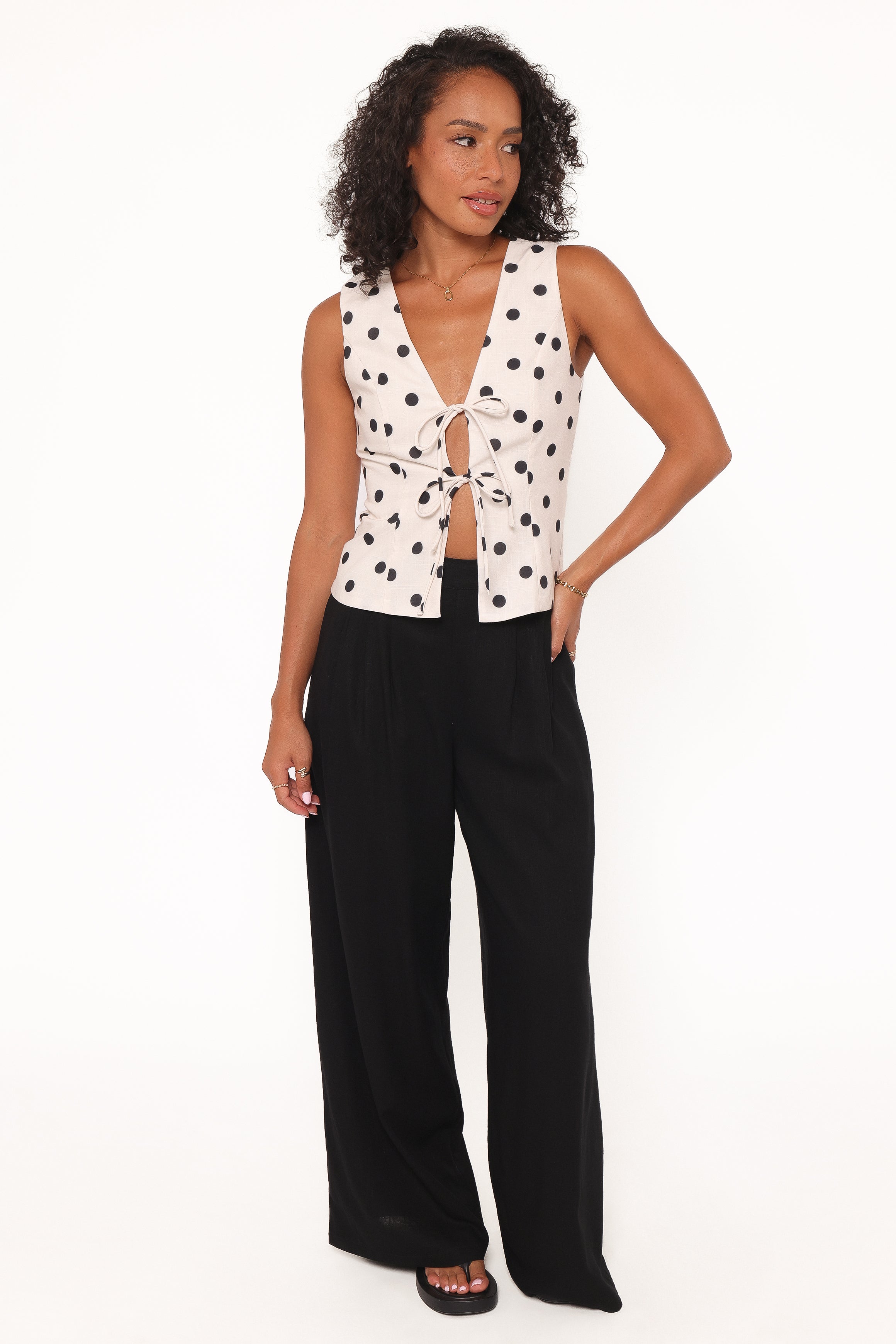 Petal and Pup USA TOPS Zoie Tie Front Vest - Cream Polka Dot