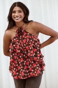 Petal and Pup USA TOPS Zorina Halter Neck Chiffon Top - Brown Floral