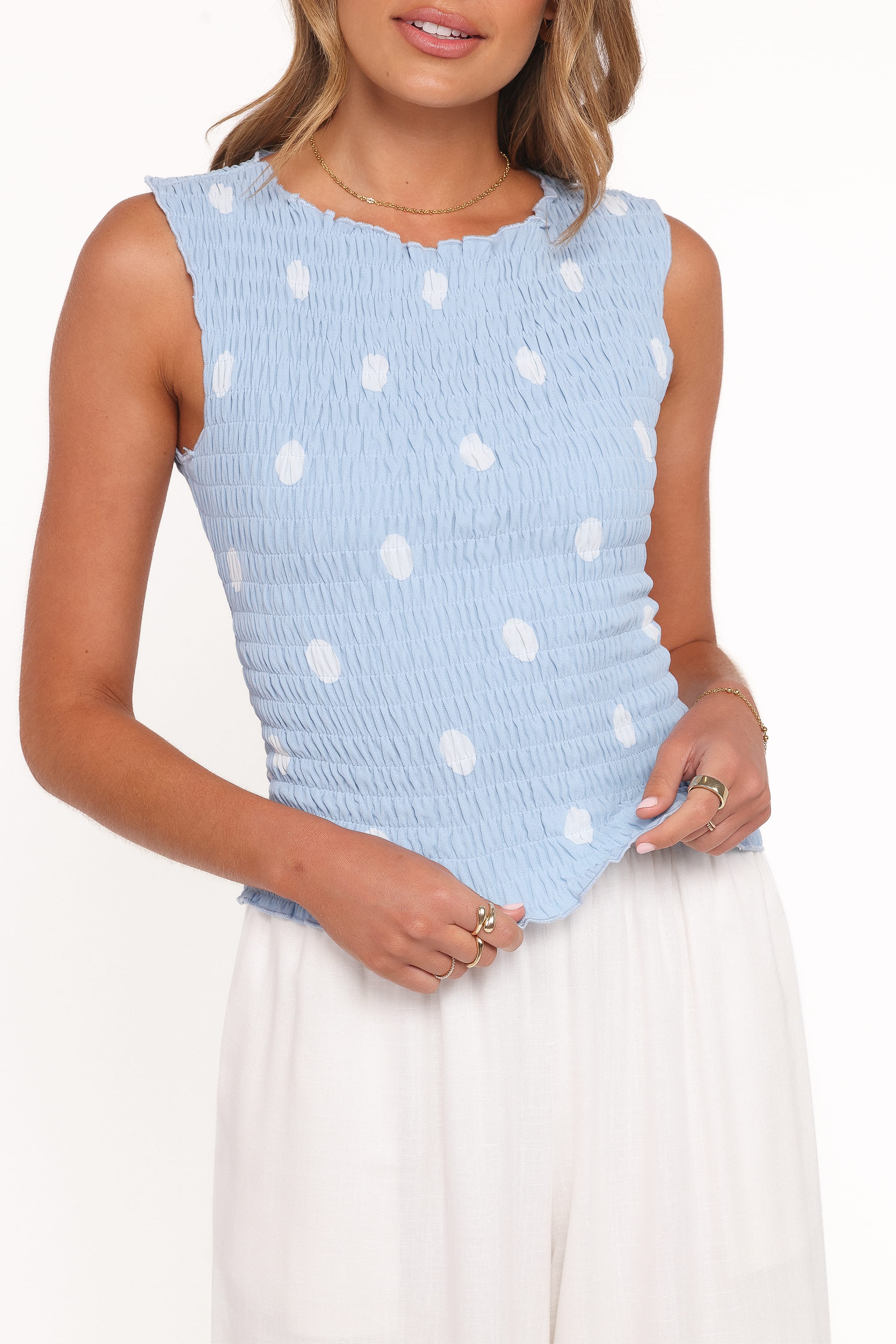 Petal and Pup USA TOPS Zoya Shirred Top - Blue Polkadot