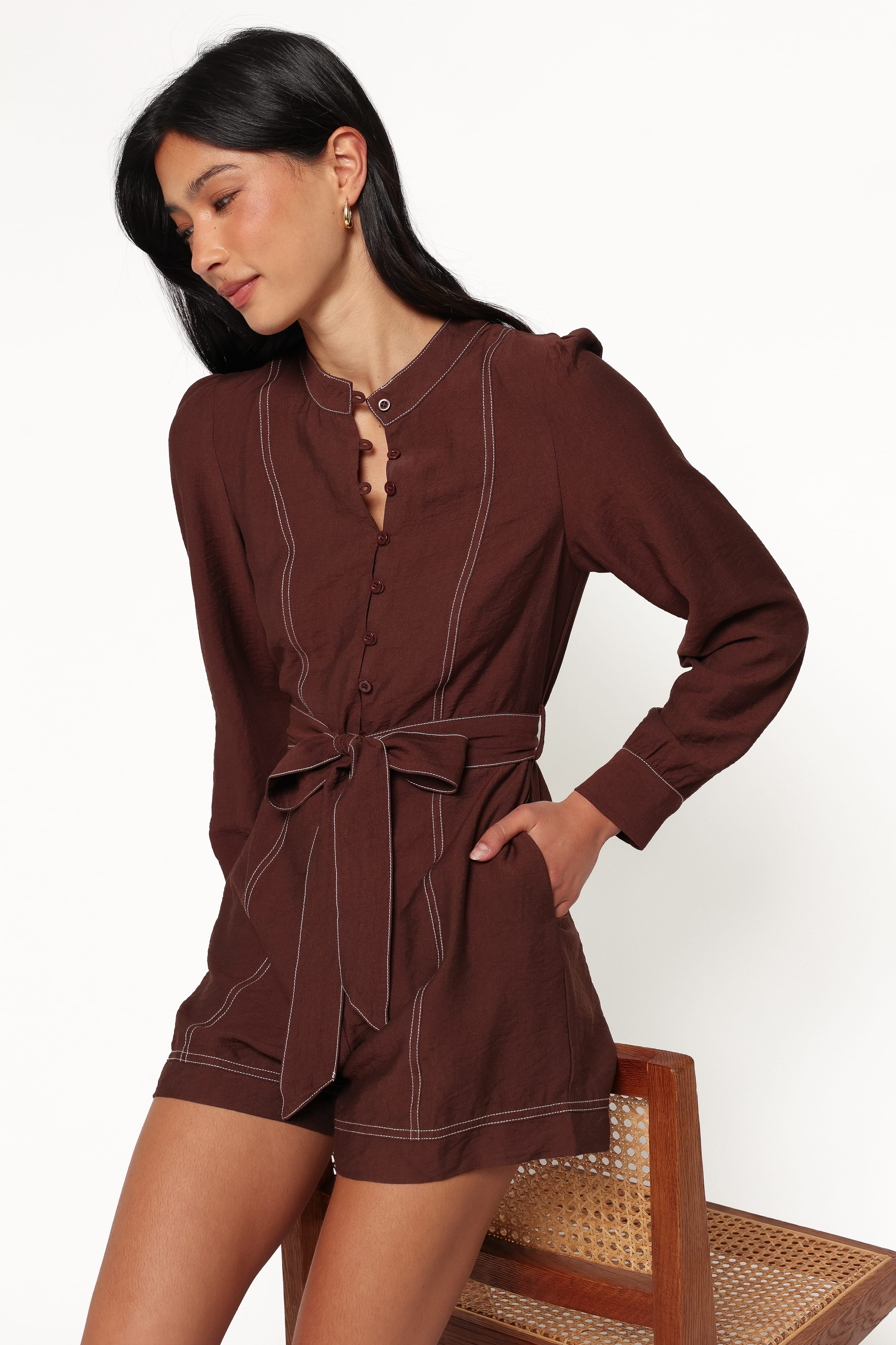 PLAYSUITS Benni Long Sleeve Romper - Chocolate