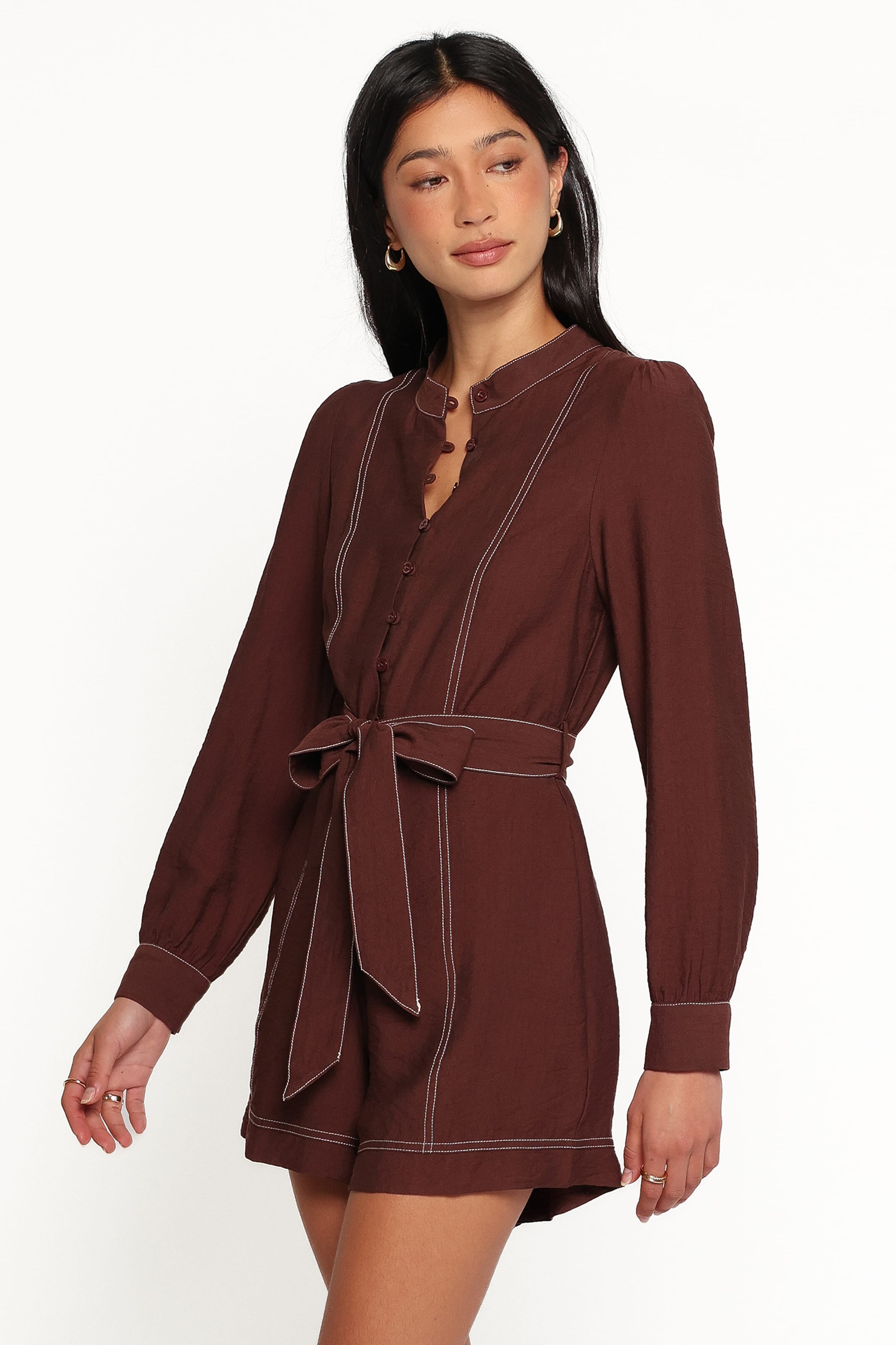 PLAYSUITS Benni Long Sleeve Romper - Chocolate