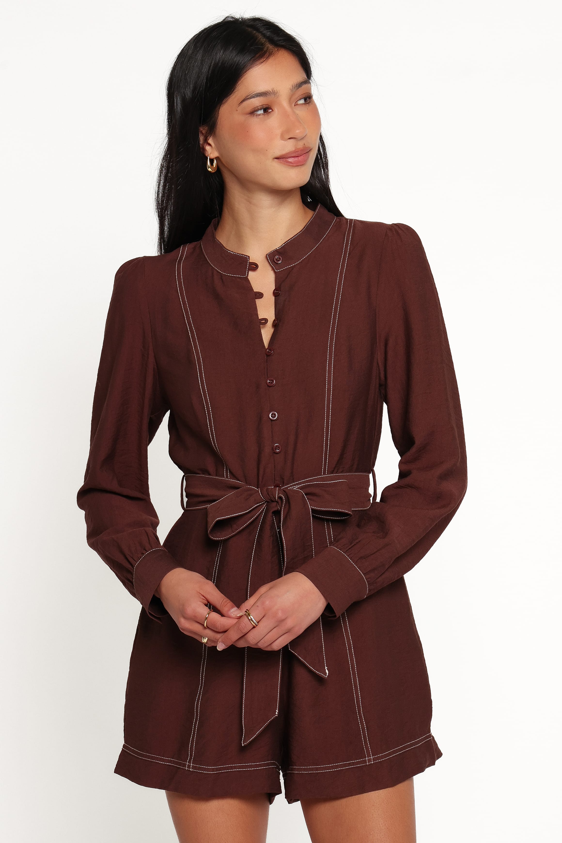 PLAYSUITS Benni Long Sleeve Romper - Chocolate