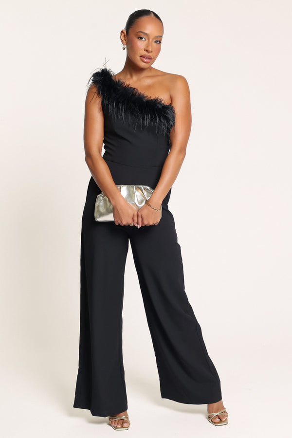 PLAYSUITS Bevin One Shoulder Feather Jumpsuit - Black