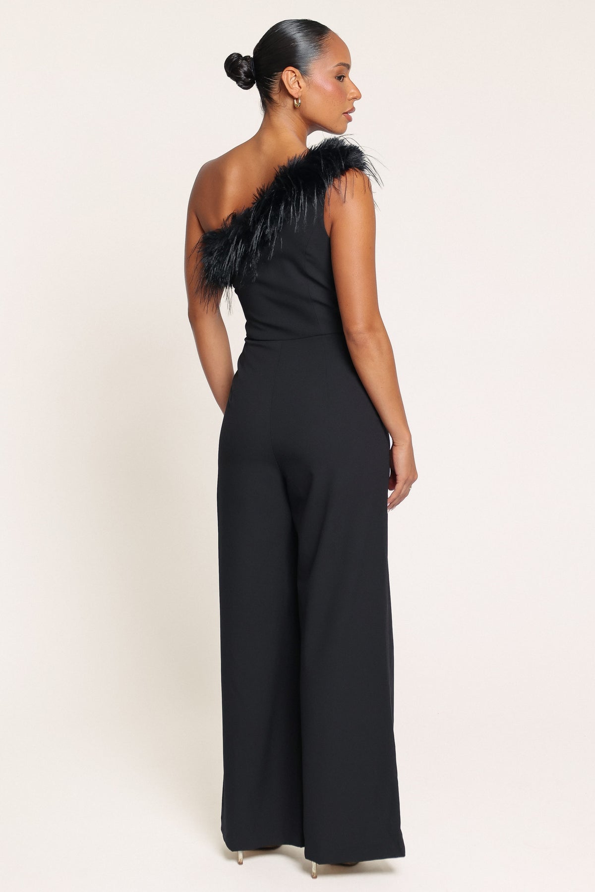 PLAYSUITS Bevin One Shoulder Feather Jumpsuit - Black