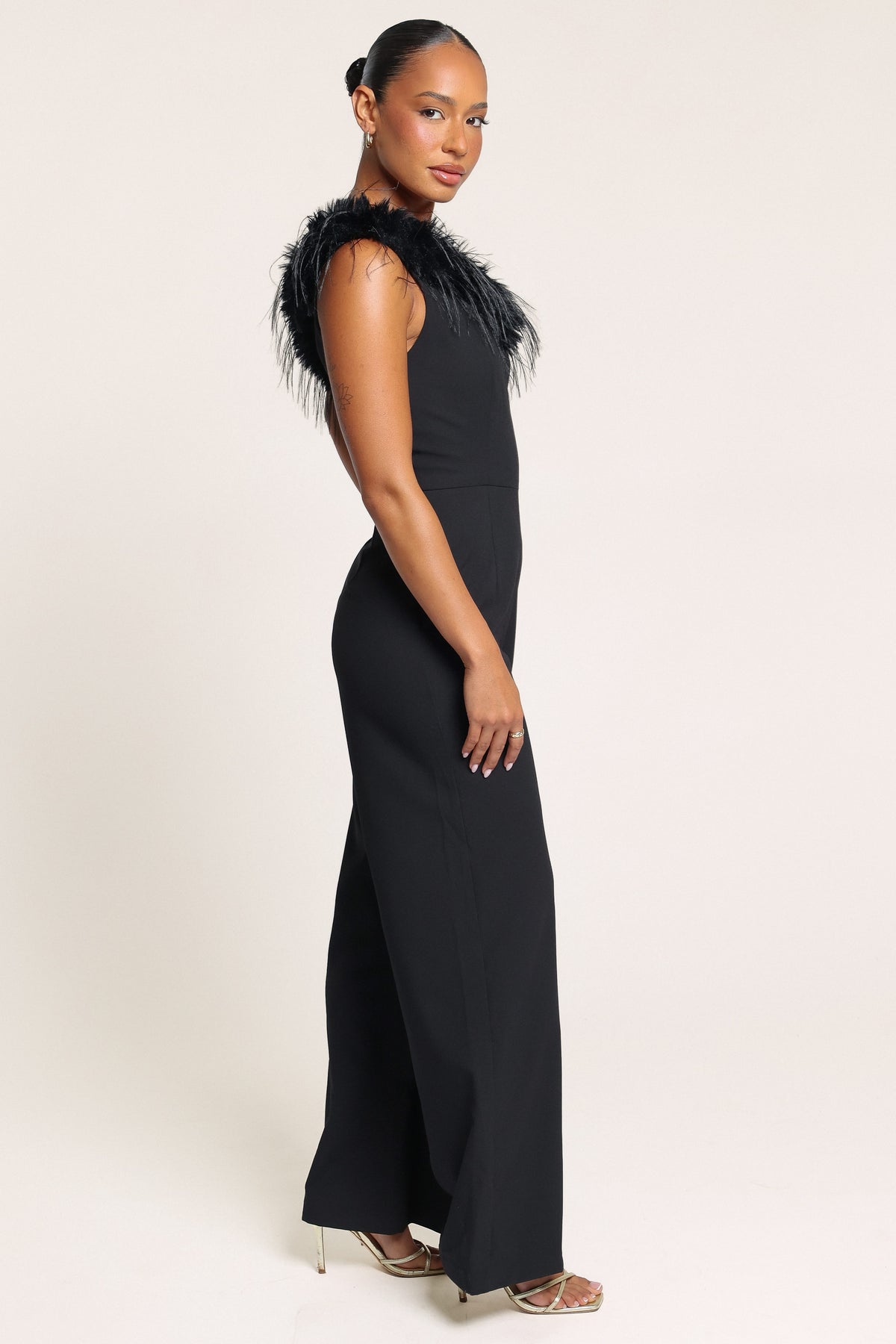 PLAYSUITS Bevin One Shoulder Feather Jumpsuit - Black