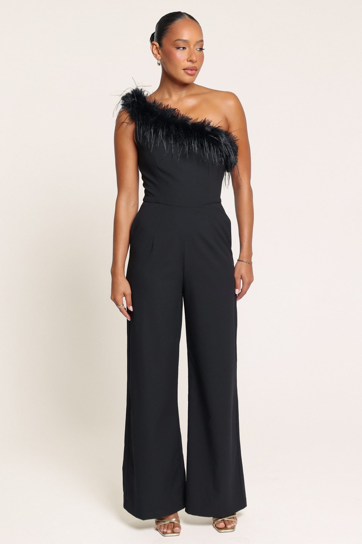 PLAYSUITS Bevin One Shoulder Feather Jumpsuit - Black