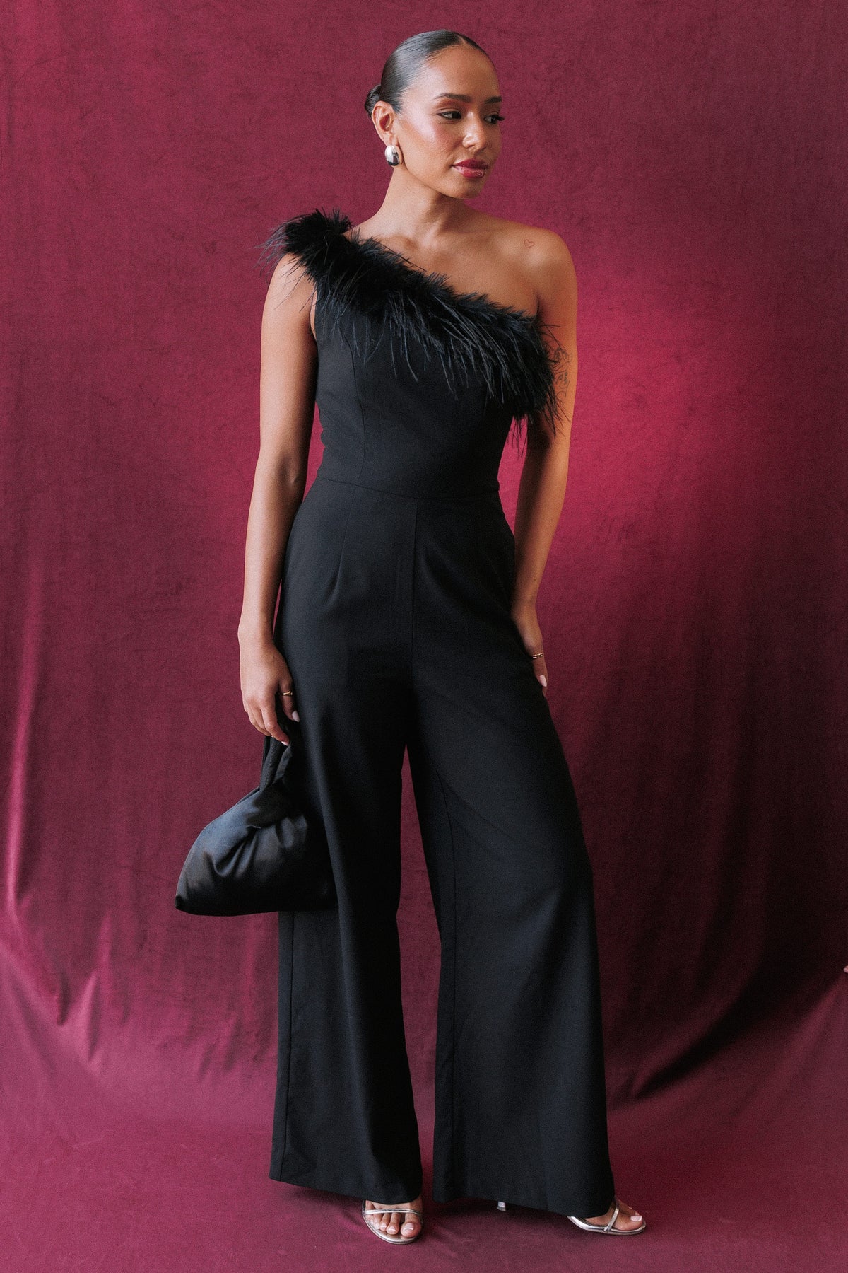 PLAYSUITS Bevin One Shoulder Feather Jumpsuit - Black