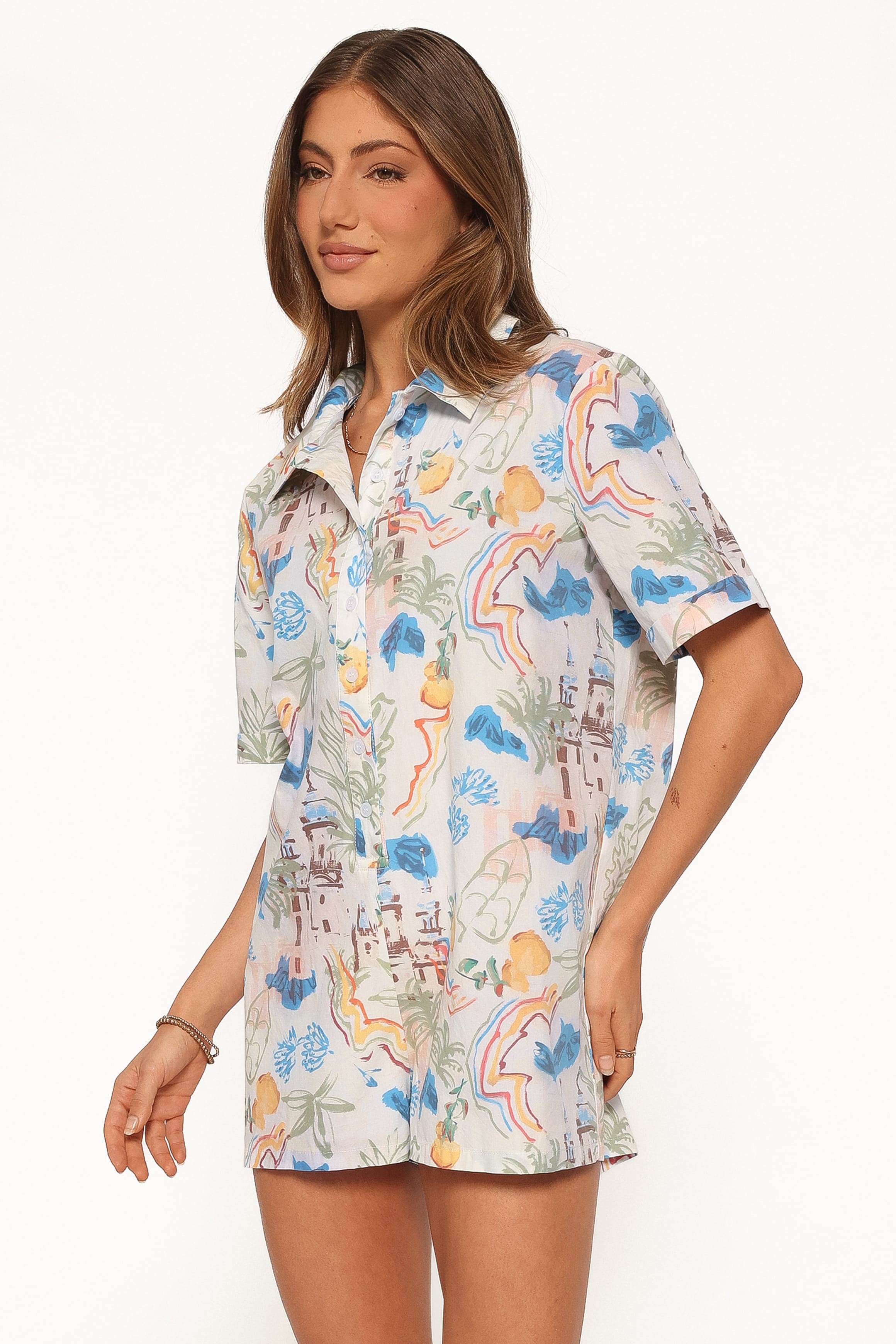 PLAYSUITS Calypso Button Front Romper - White Multi
