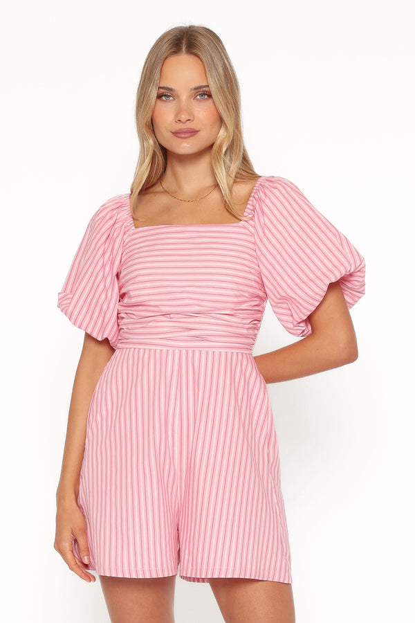 PLAYSUITS Clo Puff Sleeve Romper - Pink Stripe