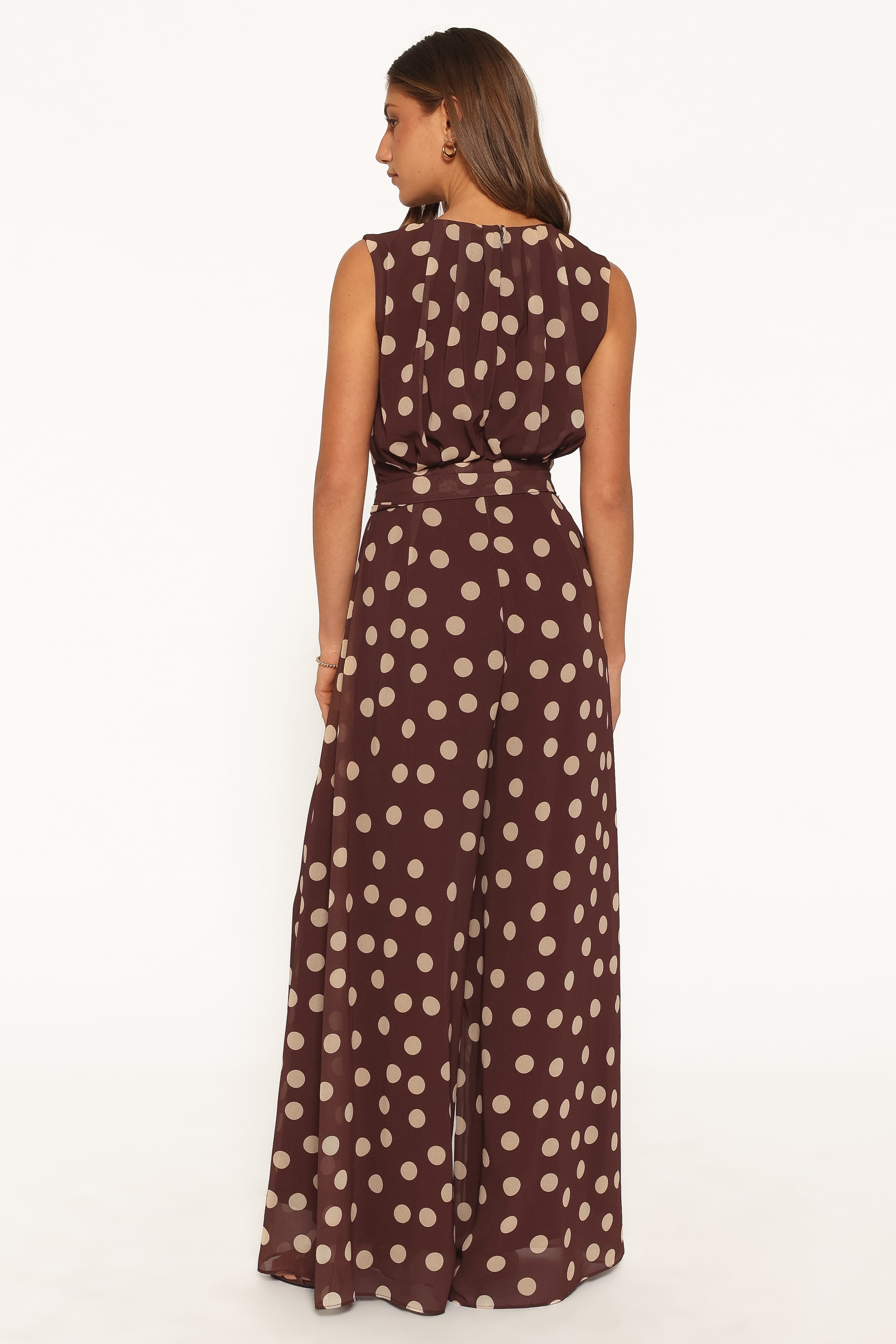 PLAYSUITS Collene Tie Waist Jumpsuit - Brown Polka Dot