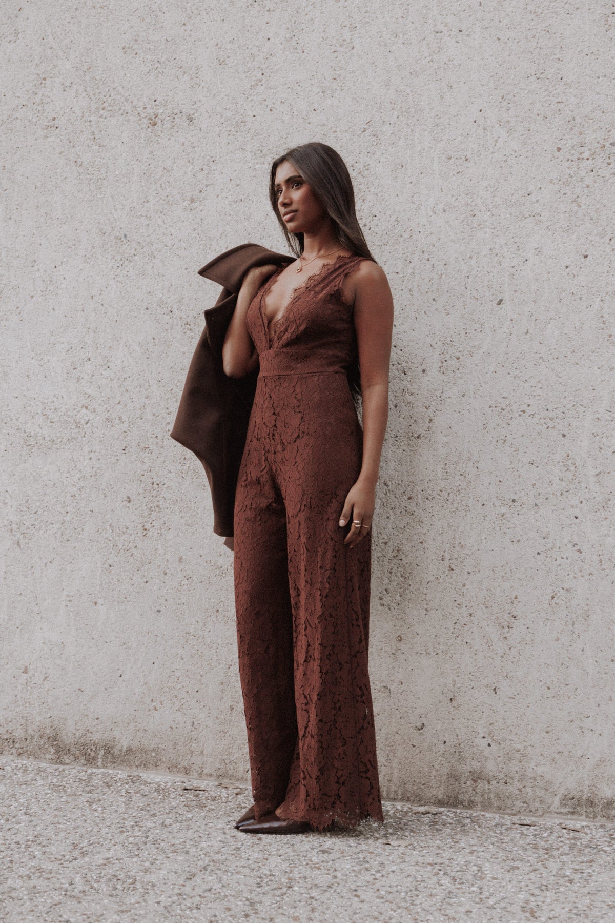 PLAYSUITS Eloise Lace Jumpsuit - Chocolate Brown
