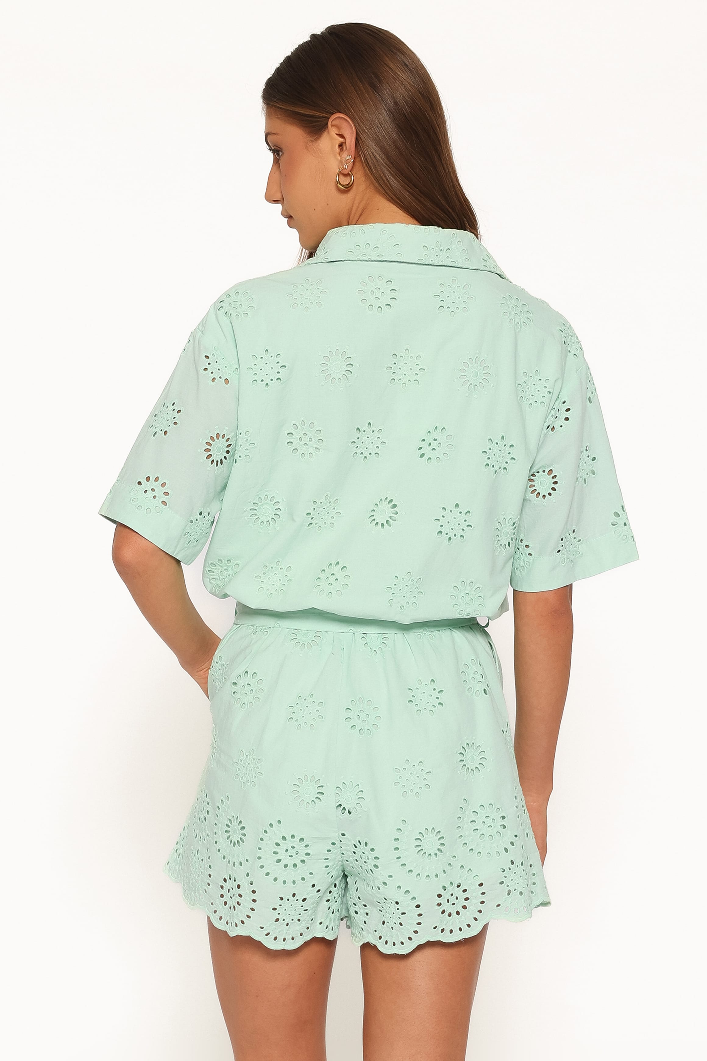 PLAYSUITS Jamie Tie Front Romper - Mint Broderie