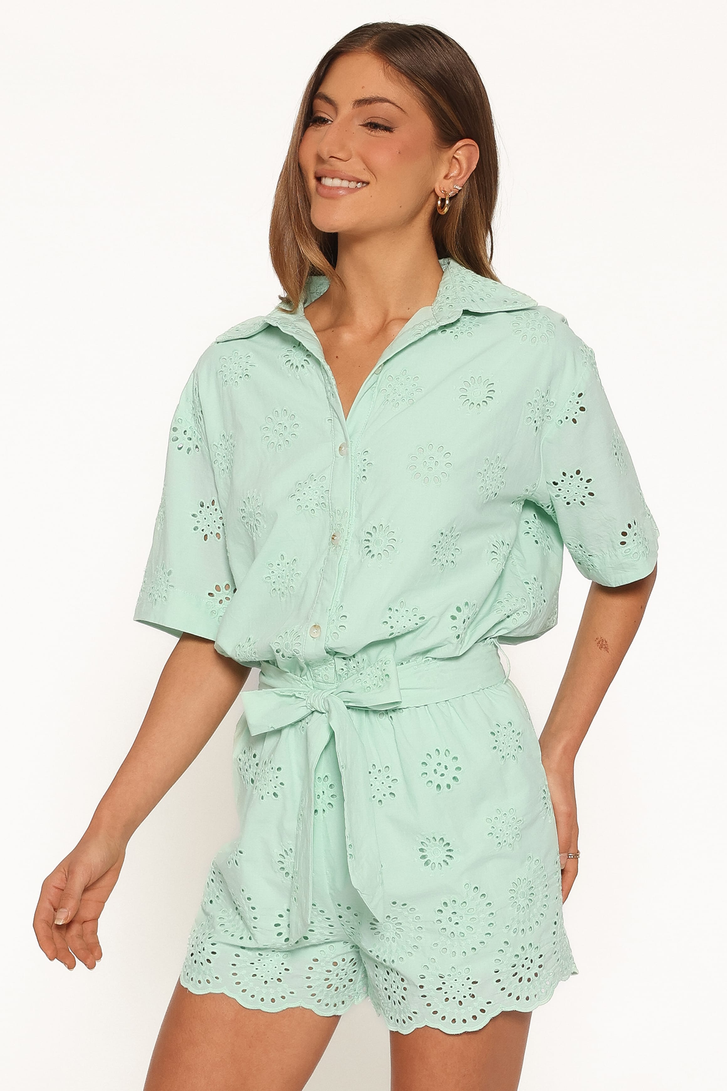 PLAYSUITS Jamie Tie Front Romper - Mint Broderie