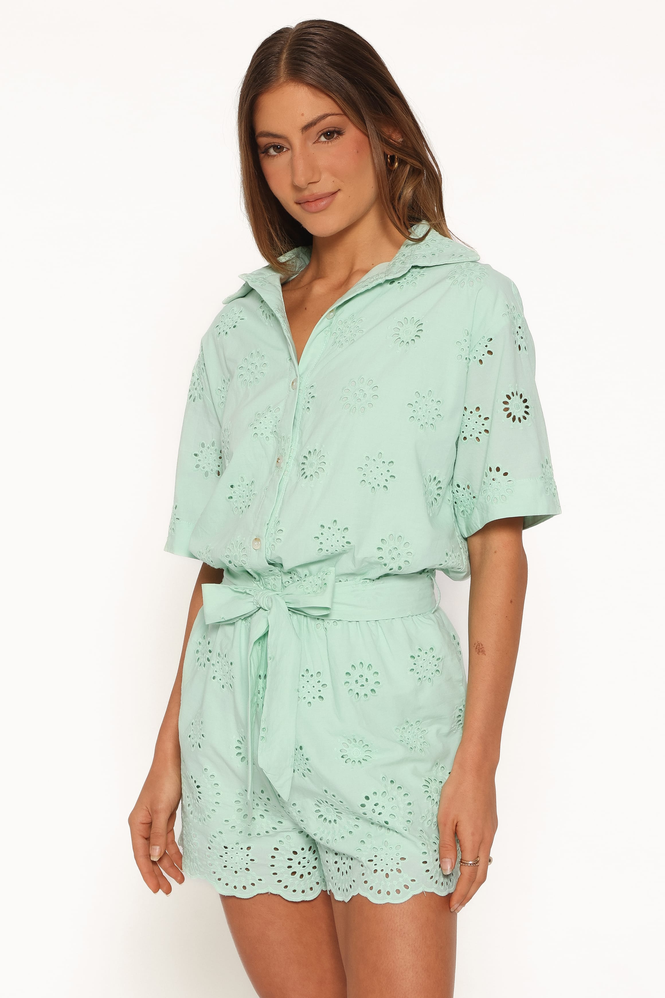 PLAYSUITS Jamie Tie Front Romper - Mint Broderie