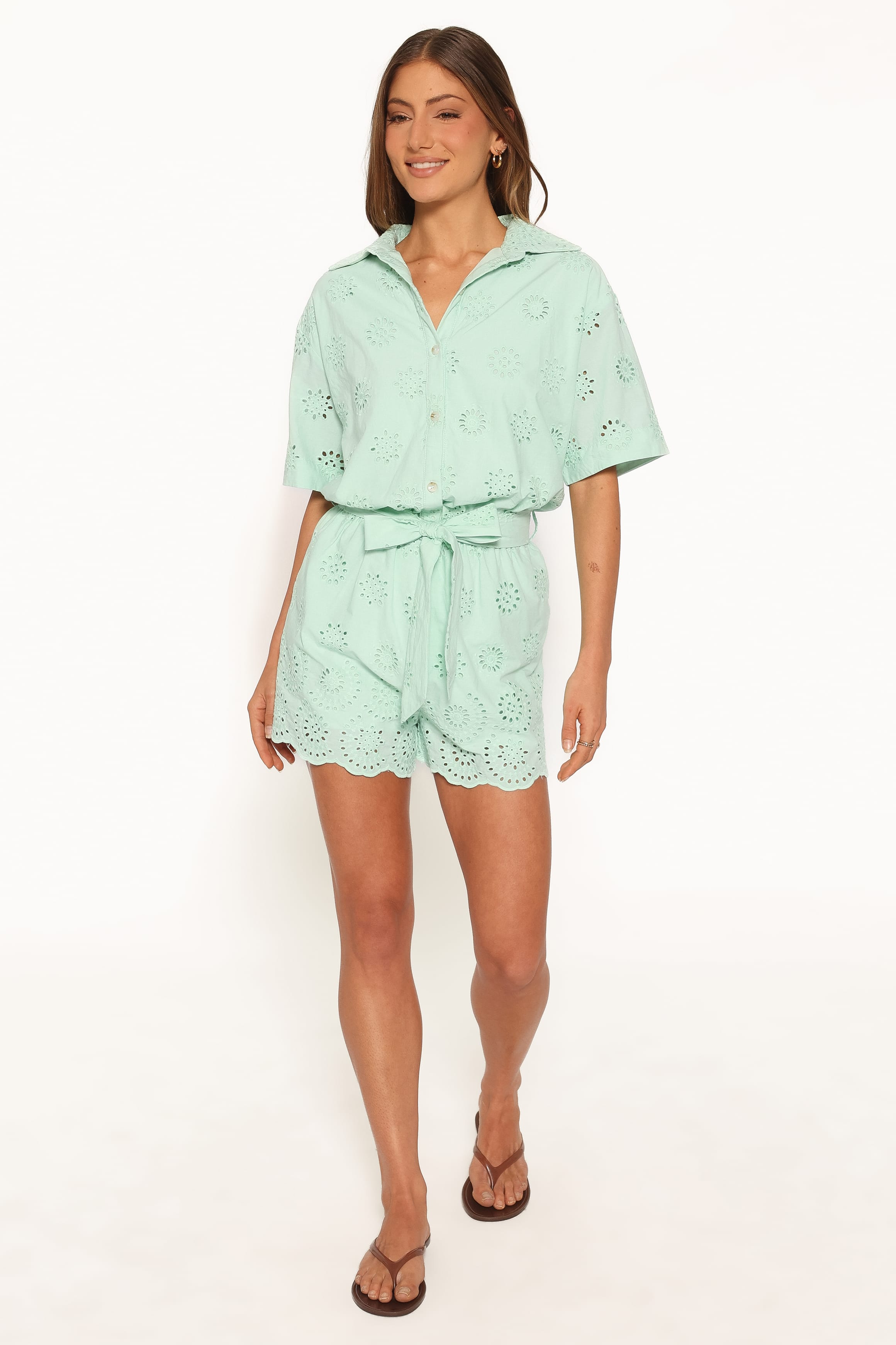 PLAYSUITS Jamie Tie Front Romper - Mint Broderie