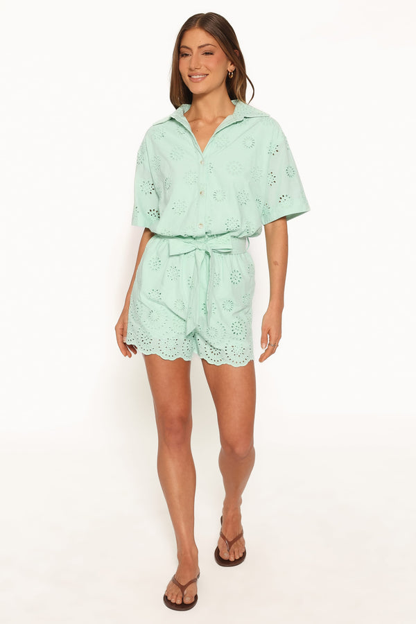PLAYSUITS Jamie Tie Front Romper - Mint Broderie