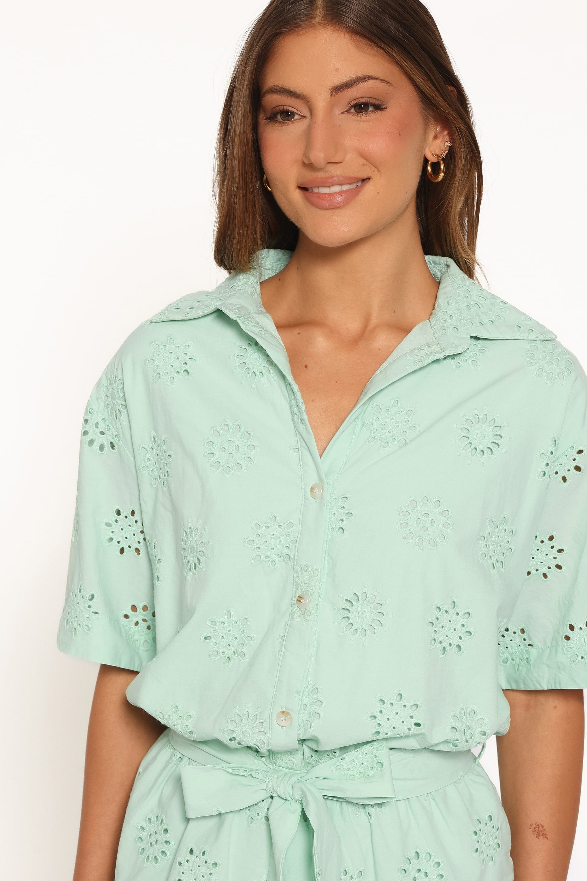 PLAYSUITS Jamie Tie Front Romper - Mint Broderie