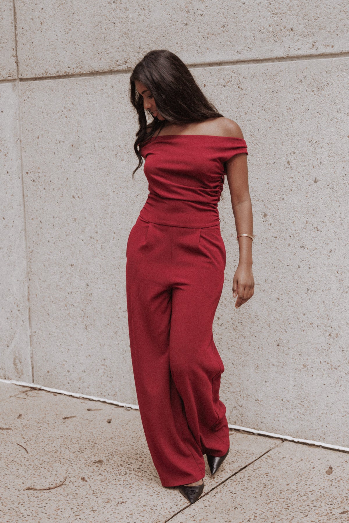 PLAYSUITS Kassidy Off Shoulder Jumpsuit - Burgundy