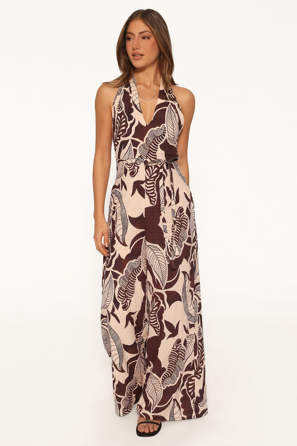 PLAYSUITS Kehlani Halterneck Jumpsuit - Brown Floral