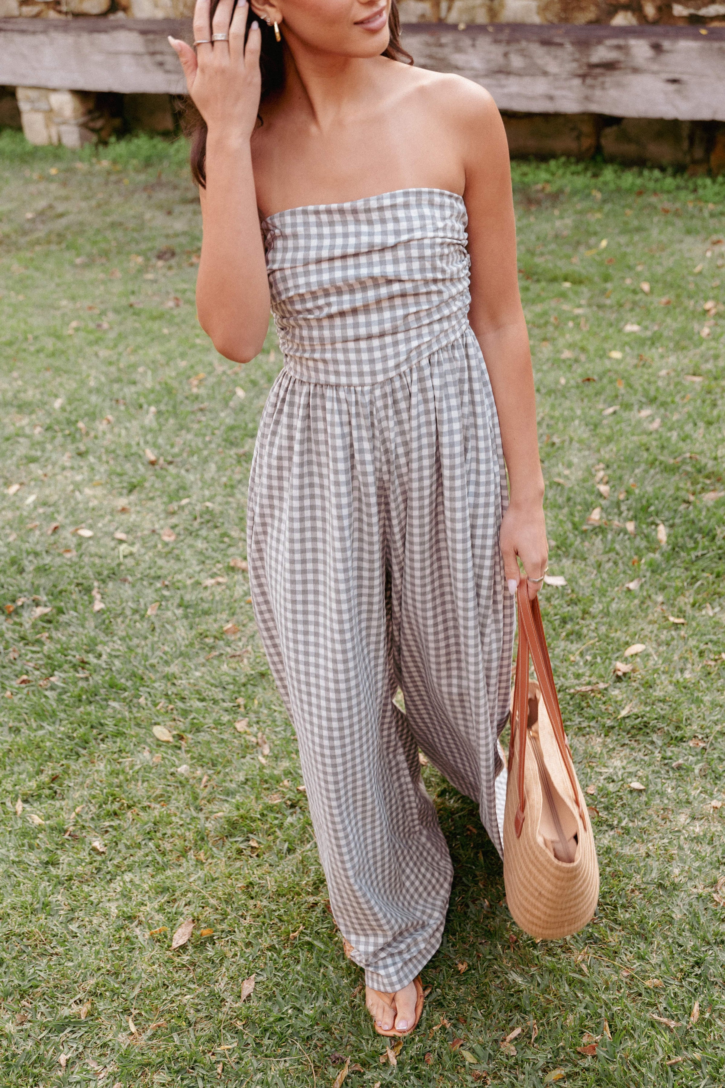 PLAYSUITS Paige Strapless Jumpsuit - Black White Gingham
