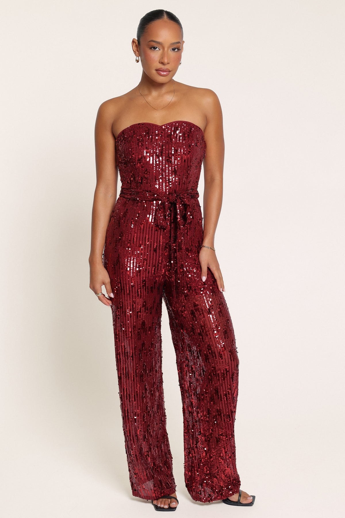 PLAYSUITS Talia Strapless Sequin Jumpsuit - Ruby Red