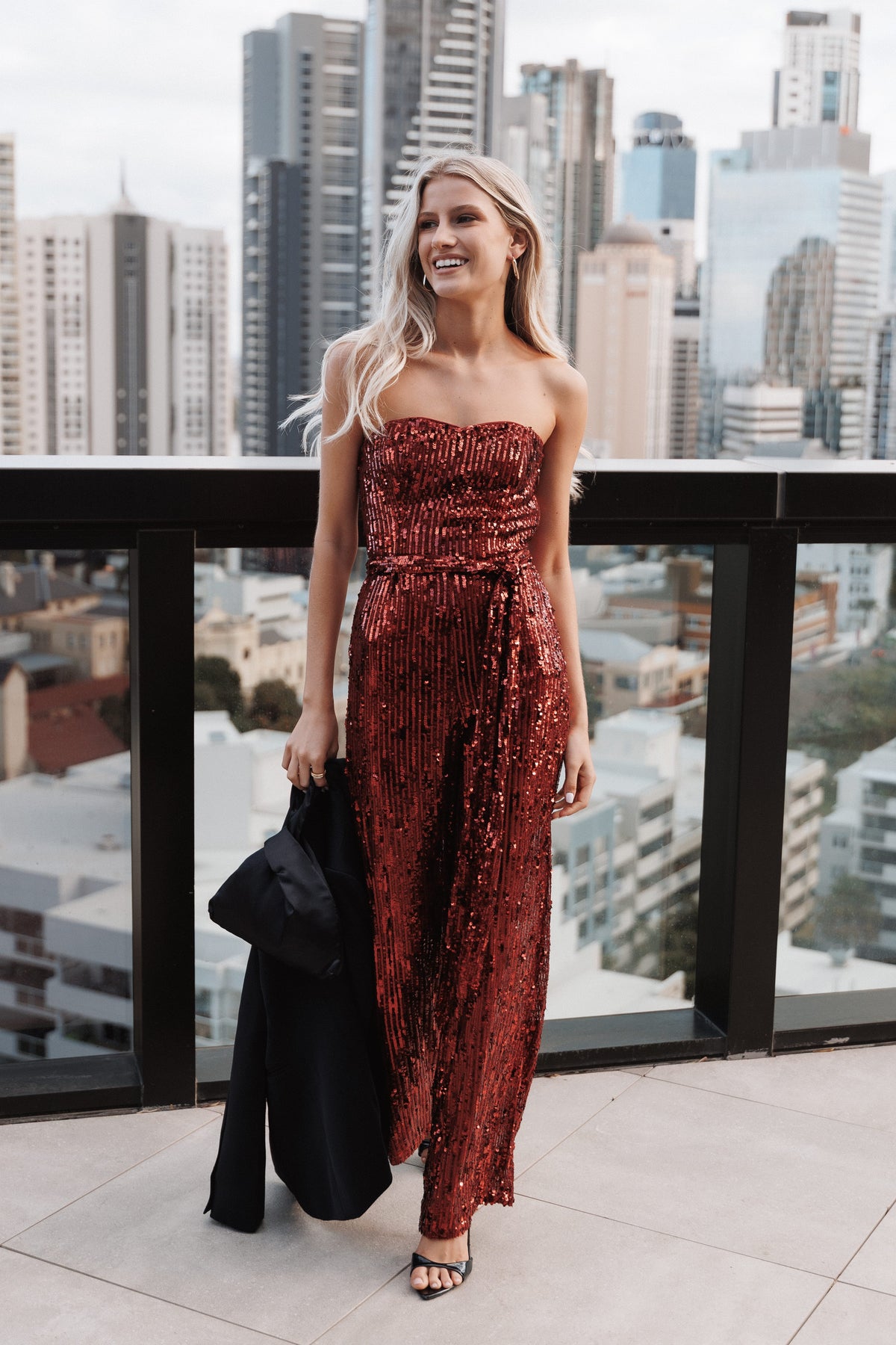 PLAYSUITS Talia Strapless Sequin Jumpsuit - Ruby Red